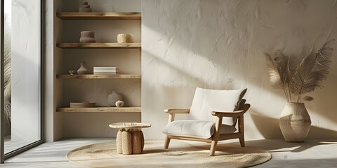 Wall Mural - Japandi-Inspired Living Room with Minimalistic Wooden Shelves, Armchair, and Coffee Table in Beige. Concept Minimalistic Design, Japandi Style, Neutral Colors, Wooden Furnishings, Cozy Ambiance