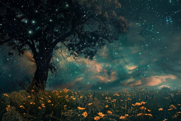 Wall Mural - A tree is in the foreground of a field of flowers