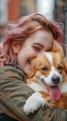 Wall Mural - A smiling woman with pink hair hugs a happy corgi dog. AI.