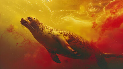 Canvas Print - Seal Swimming in Red and Yellow Water Photo