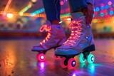 Senior Woman Lacing Up Vibrant Neon Roller Skates at Retro Roller Rink