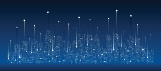 Wall Mural - Digital city technology. City symbols from lines. Futuristic night city. Building and urban vector Illustration, Design graphic for web page or banner.