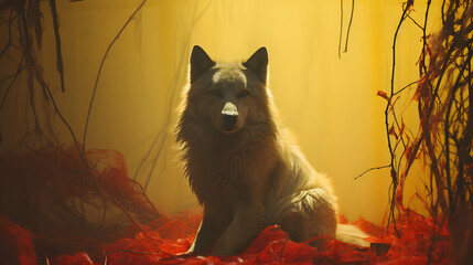 Wall Mural - White Wolf in a Red and Yellow Forest Illustration