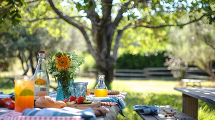 Canvas Print - An outdoor picnic table under a shady tree, set with a casual lunch spread and colorful summer drinks, ideal for a family gathering.