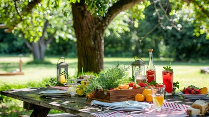 Poster - An outdoor picnic table under a shady tree, set with a casual lunch spread and colorful summer drinks, ideal for a family gathering.