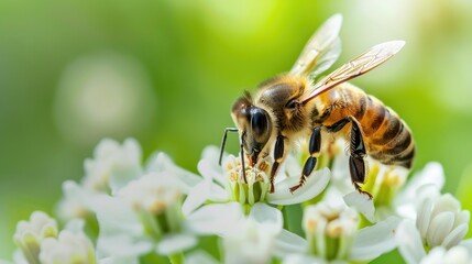 Wall Mural - Close up macro of honey bee Apis mellifera collecting pollen on white flower with green blurred background space for text