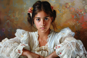 Wall Mural - A young girl wearing a white dress with lace and flowers in her hair