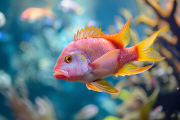 Wall Mural - A fish with a yellow tail is swimming in a tank