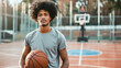 © mohammad - Afro-haired man holding a basketball on an open basketball court, Ai Generated Images