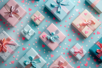 Wall Mural - A row of colorful boxes with bows on top and hearts on the bottom