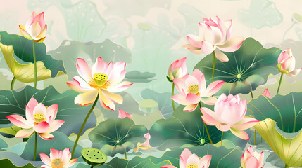 Wall Mural - Illustration of watercolor pink lotus blooming, beautiful pink lotus flowers and green leaves design for background, Asian style abstract pattern background with copy space.