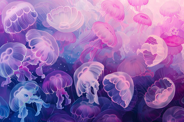 Wall Mural - A bunch of jellyfish in a pink and blue ocean