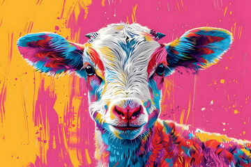 Wall Mural - Colorful Lamb Illustration on Pink and Yellow Background