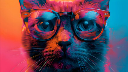 Wall Mural - Cat Wearing Glasses in Neon Colors Illustration