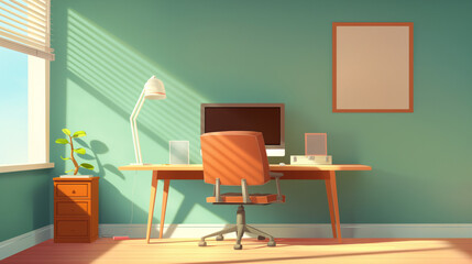 Wall Mural - A sunlit home office with a desk, chair, and computer, 3D illustration.