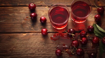 Sticker - Cherry juice in two glasses on wooden table