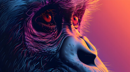 Wall Mural - Closeup of a Gorilla's Face with Neon Colors Illustration