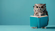 © Keitma - Wisdom and education concept image with a wise owl reading a book on blue background with copy space