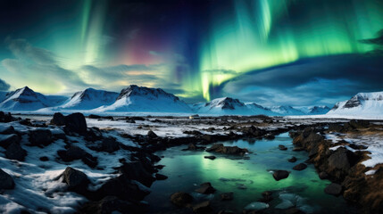 Wall Mural - Northern Lights dance over glacier mountain and lake Icelandic landscape