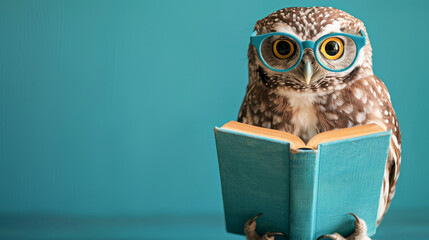 Wisdom and education concept image with a wise owl reading a book on blue background with copy space