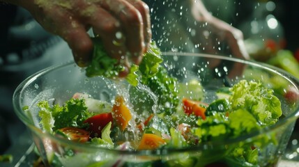 Wall Mural - Washing salad in a bowl.