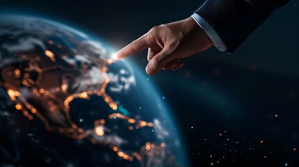 Wall Mural - hand pointing at north america on a globe