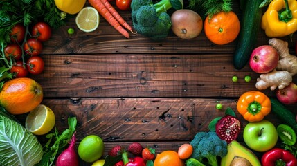 Wall Mural - Fresh Vegetables and Fruits on Rustic Wooden Background.