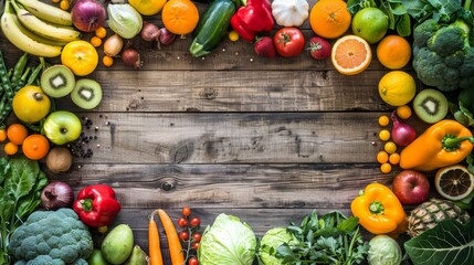 Wall Mural - Fresh Produce Border on Rustic Wooden Background.