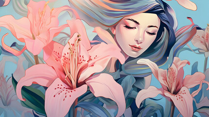 Canvas Print - Dreamy Woman Surrounded by Pink Lilies Illustration