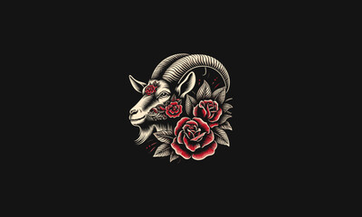 Wall Mural - head goat with red rose vector illustration tattoo design