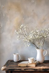 Wall Mural - White Flowers in a Jug on a Rustic Table