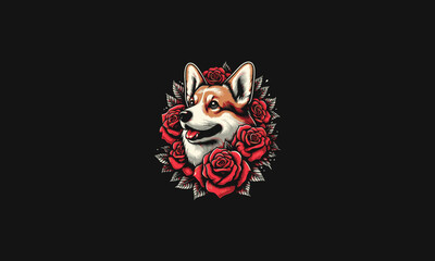 head corgi with rose flowers vector artwork design