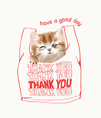 Wall Mural - cute cartoon kitten in thank you bag hand drawn vector illustration