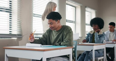 Aufkleber - Teacher, young people and classroom with high five for paper or exam, winner or wow at university. Female professor, students or celebration with hand for education at college, diversity with praise