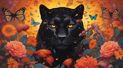 Poster - Black Panther in a Garden of Flowers Illustration