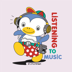 cute penguin is listening to music design cartoon vector illustration