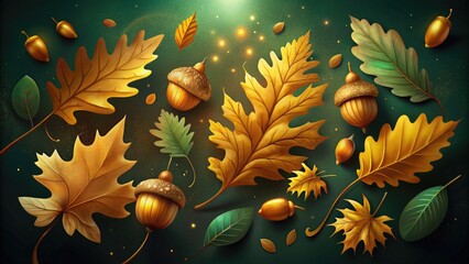 Sticker - Autumn leaves and acorns on a green background.