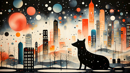 Sticker - Cityscape with Silhouetted Dog Illustration