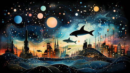 Poster - Night Sky Cityscape with Sharks Illustration