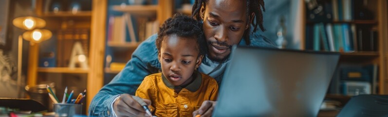 Man and a child that are looking at a laptop