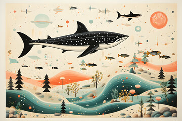 Sticker - Whimsical Underwater Illustration: A Shark's Journey