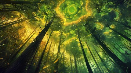 A mystical forest bathed in psychedelic hues of green and gold, with towering trees reaching towards the sky and swirling patterns dancing among the foliage