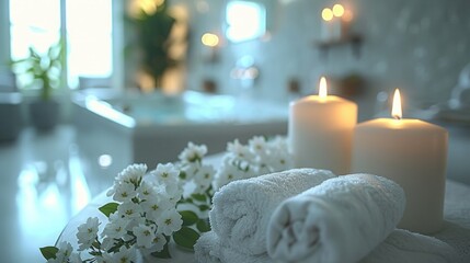 A close-up of two rolled white towels and two lit candles, with white flowers in the foreground, set on a table in a spa-like bathroom.