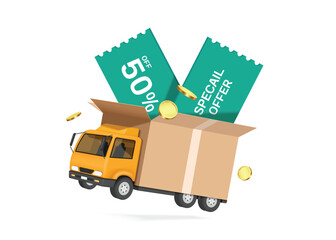 Sticker - green 50%off promotion tag label place in parcel box or cardboard box and all on yellow truck, vector 3d isolated on white background for delivery, online shopping advertising concept design