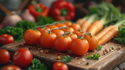 Wall Mural - Tomatoes and carrots on a cutting board with parsley, veganuary, Food background