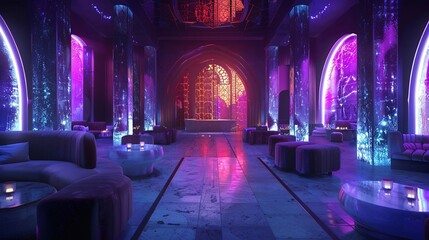 A time-travel-themed nightclub with different eras represented in each room, from ancient civilizations to futuristic dystopias, offering a journey through history via music and d?(C)cor.