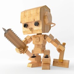 3D Render, Low Poly style of a wood robot carpenter with a saw and plank, on isolated white background, Generative AI