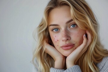 Anxious attractive blonde lady popping blemishes on her face in a white studio setting.