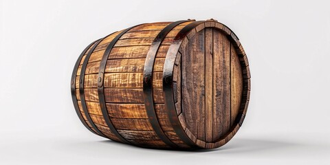 A solitary antique wooden cask on a white background.