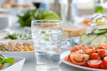 A cup of fresh water and buffet breakfast in hotel restaurant